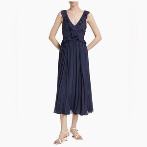 cinq a sept Navy Calloway Chiffon Ruffled V-Neck Pleated Midi Dress
